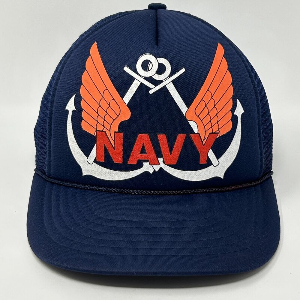 Vintage 80s US Navy Trucker Hat Baseball Cap USN Wings Anchors Snapback Blue